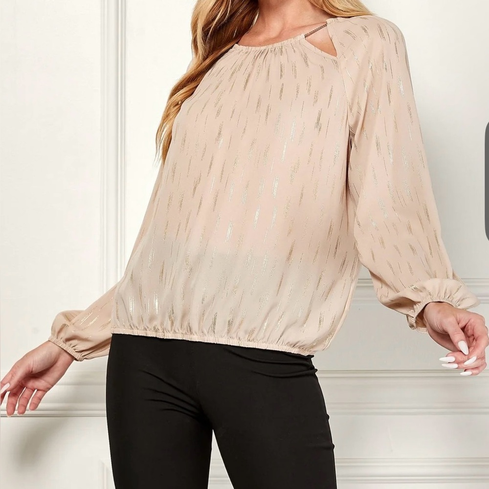 Womens Beige Metallic Accent Long Sleeve Blouse from Dressbarn New M oyster